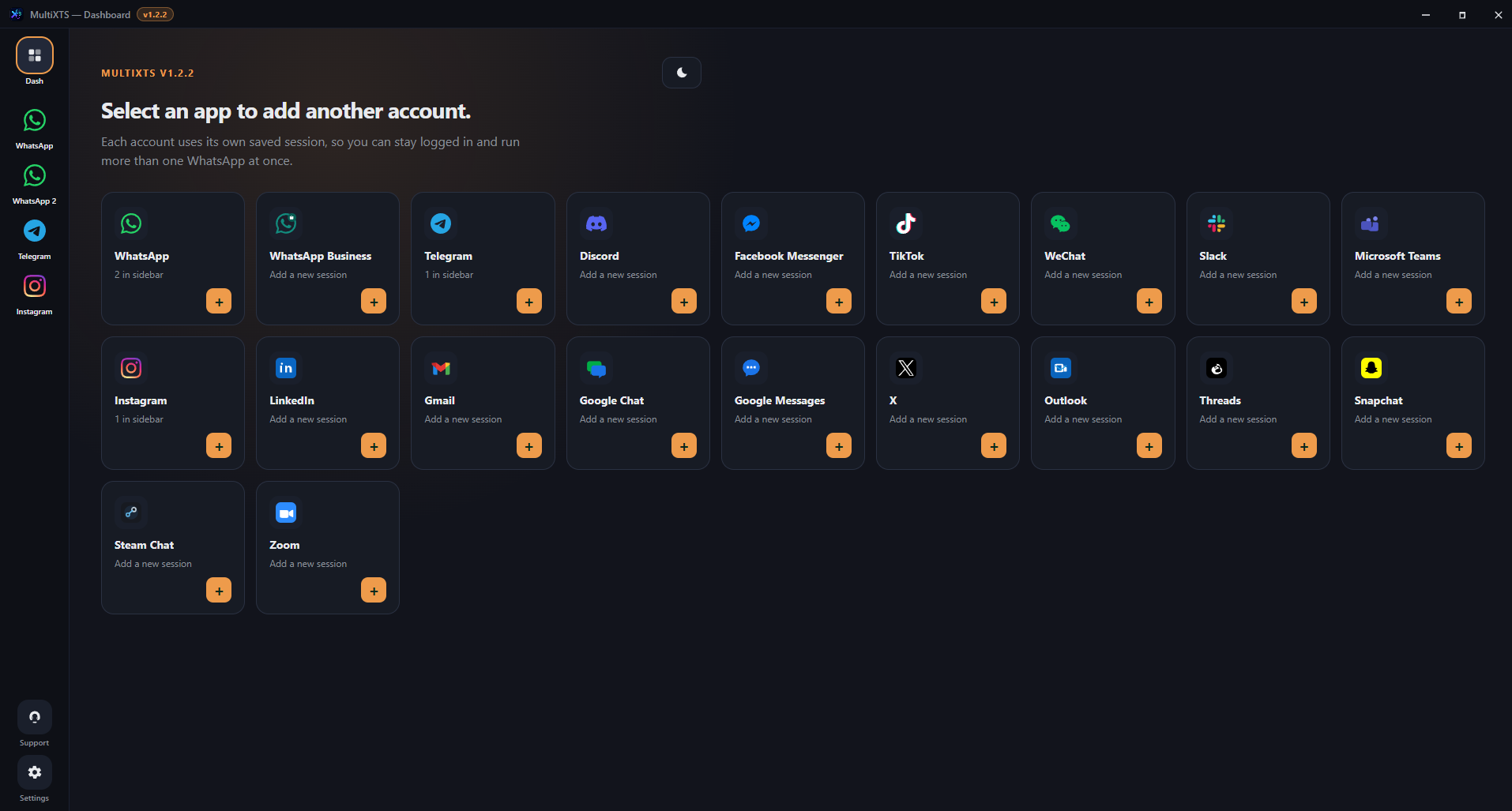 MultiXTS dashboard — select an app to add another account